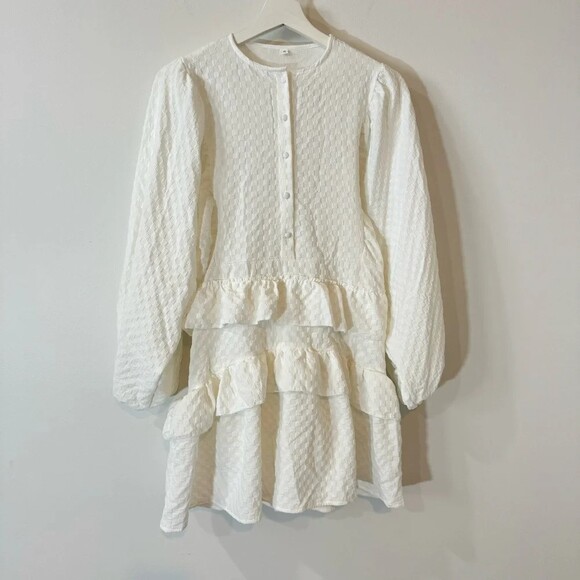 Ruffled White Mini Dress with Puffy Sleeves Size S - Summer Wedding Shower - Picture 2 of 16